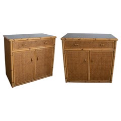 Pair of 1970s Spanish Woven Wicker, Bamboo & Formica 1-Drawer 2-Door Chests