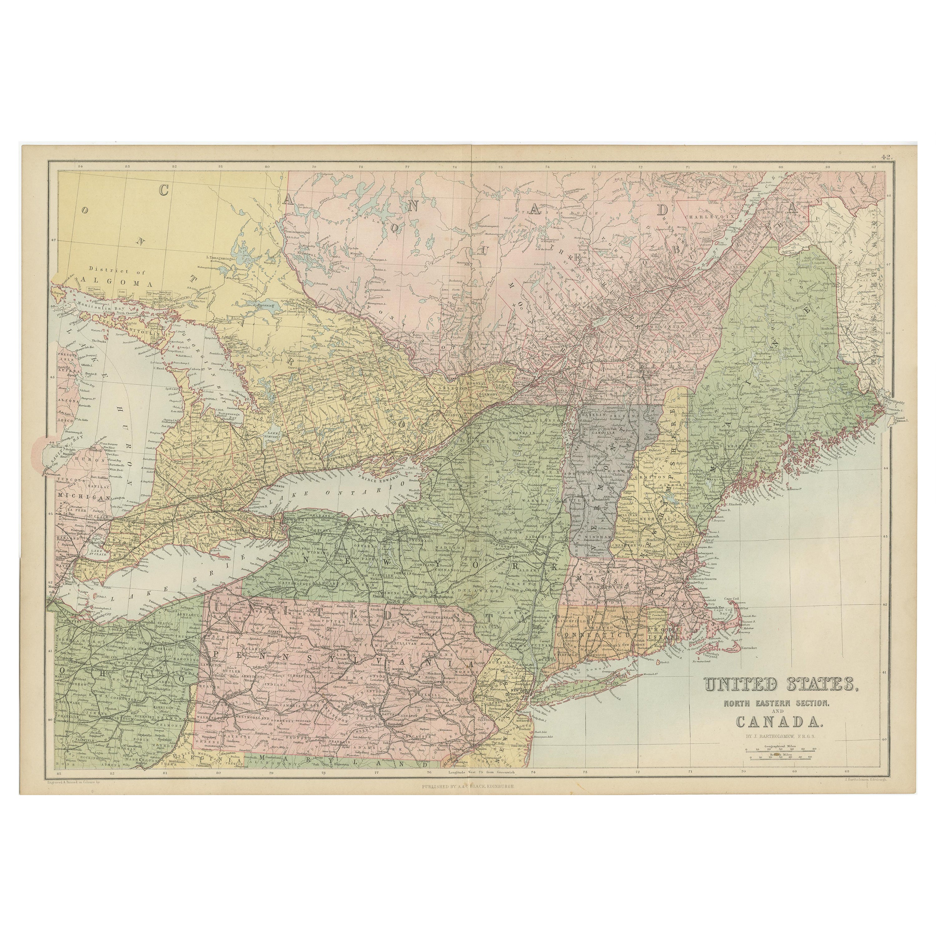 Antique Map of The United States and Canada by A & C. Black, 1870 For Sale