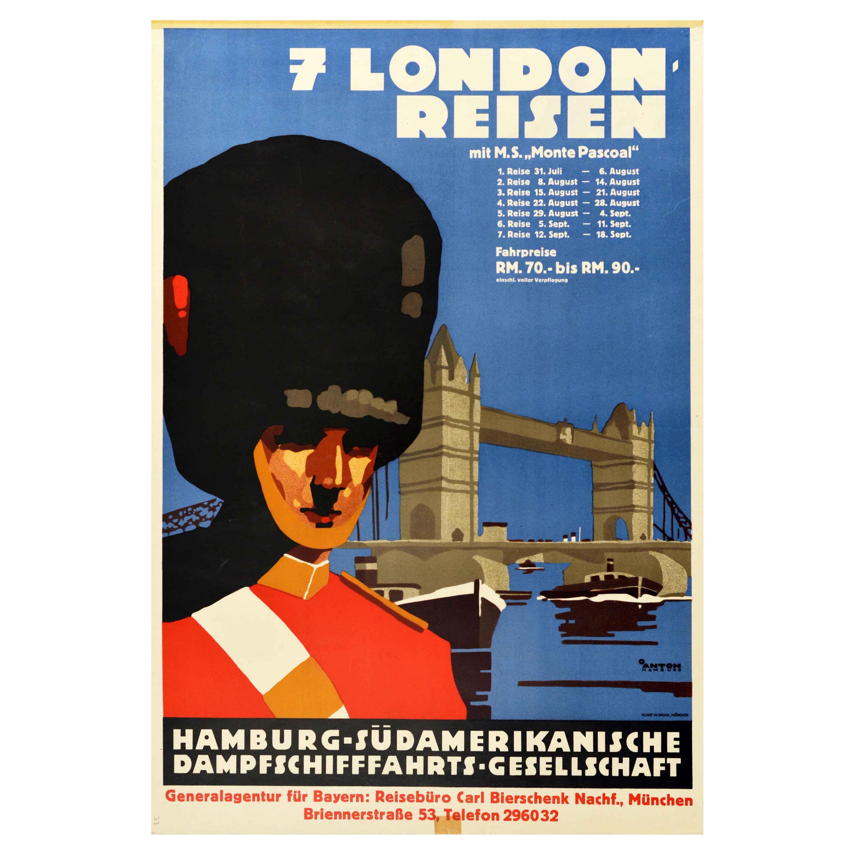 Poster da crociera originale d'epoca Londra Ft. Guardia Reale Tower Bridge Tamigi