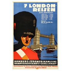 Original Vintage Cruise Travel Poster London Ft. Royal Guard Tower Bridge Thames