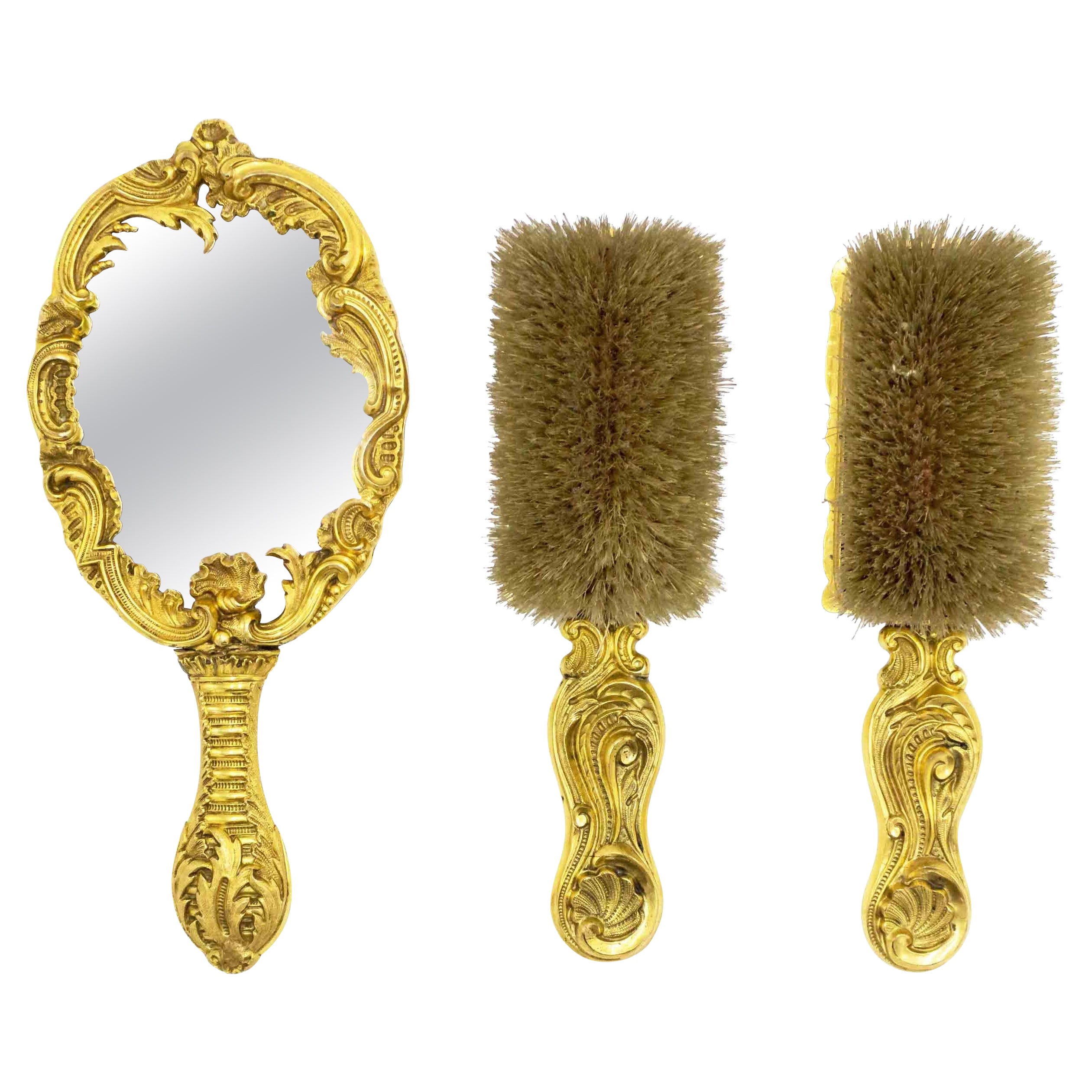 3-Piece French Louis XV Bronze Dore Mirror and Brush Set For Sale