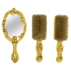 Antique 3-Piece French Louis XV Bronze Dore Mirror and Brush Set