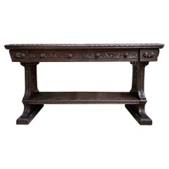 Large Antique French Carved Oak Sofa Table Foyer Console Trestle Black Forest
