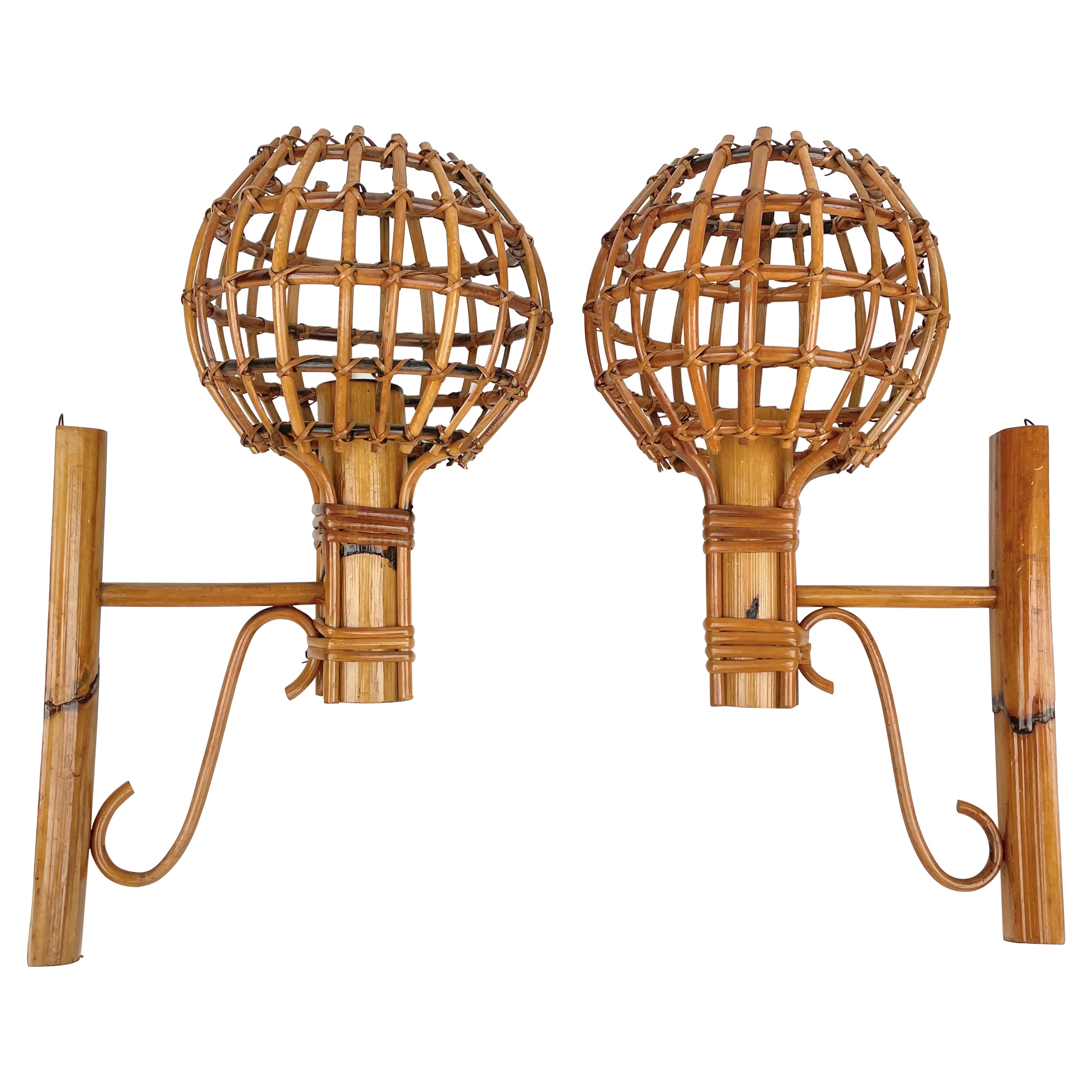 Sconces "Lantern" Wall Lamp in Rattan & Bamboo attributed to Louis Sognot, 1960s