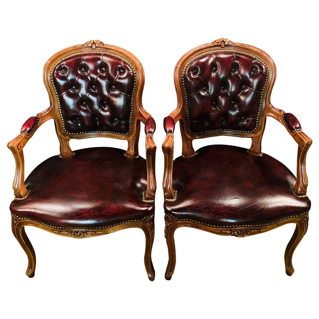 Pair of Chesterfield Carved Hardwood & Oxblood Leather Armchairs 2