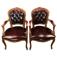 Antique Pair of Chesterfield Carved Hardwood & Oxblood Leather Armchairs 2