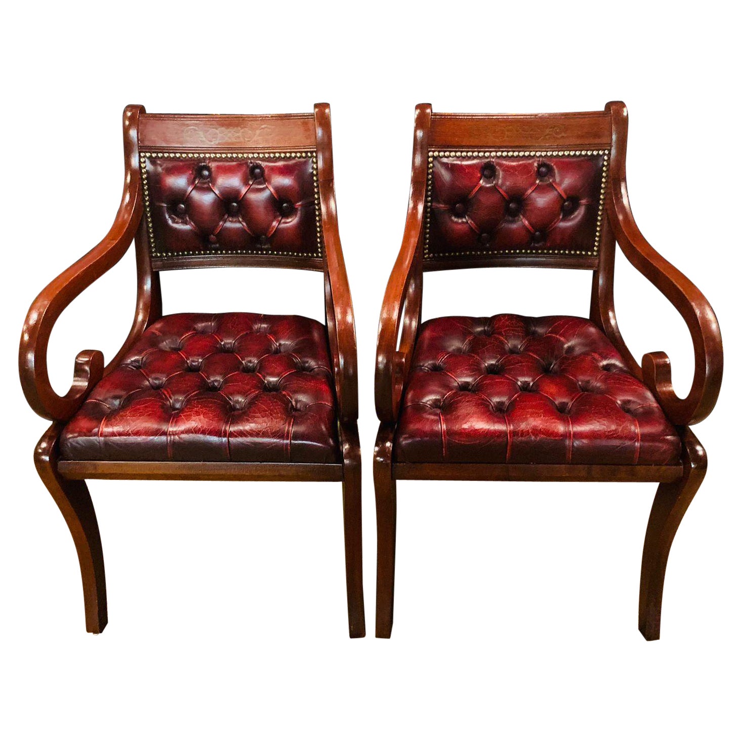 Pair of Chesterfield Carved Hardwood & Oxblood Leather Armchairs 2