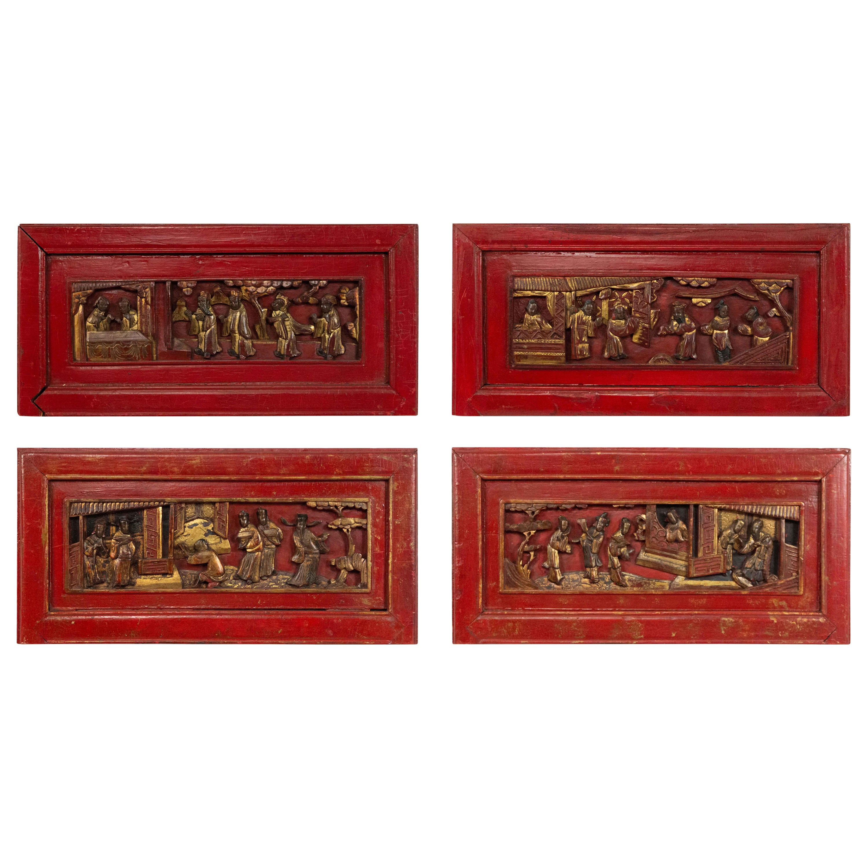 Chinese Lacquered Carved Wall Plaques For Sale