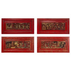 Antique Chinese Lacquered Carved Wall Plaques