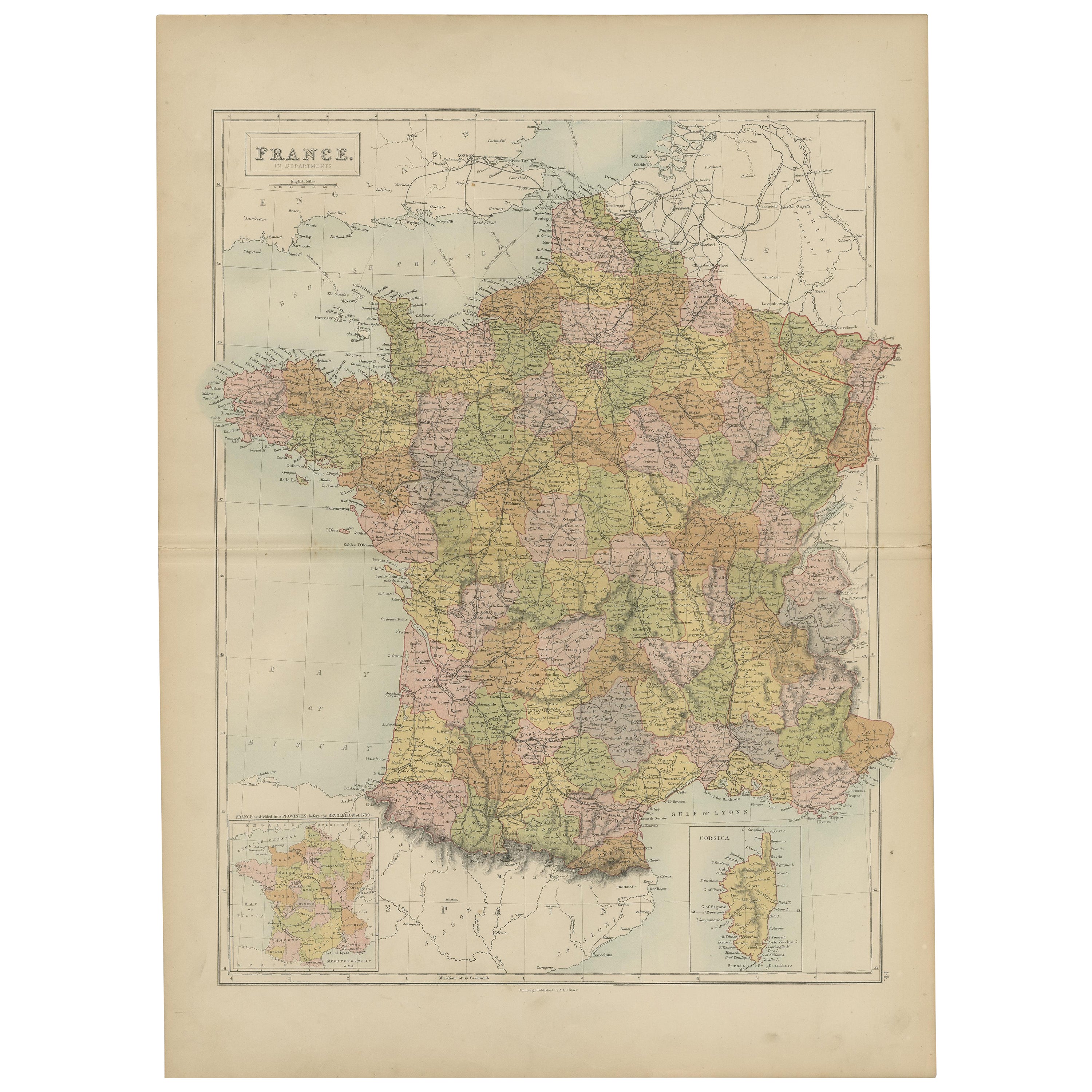 Antique Map of France by A & C. Black, 1870 For Sale