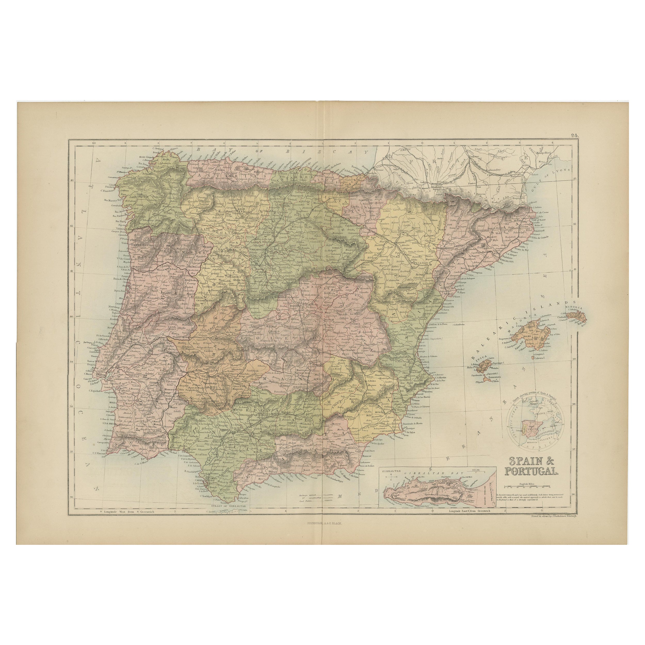 Antique Map of Spain and Portugal by A & C. Black, 1870 For Sale