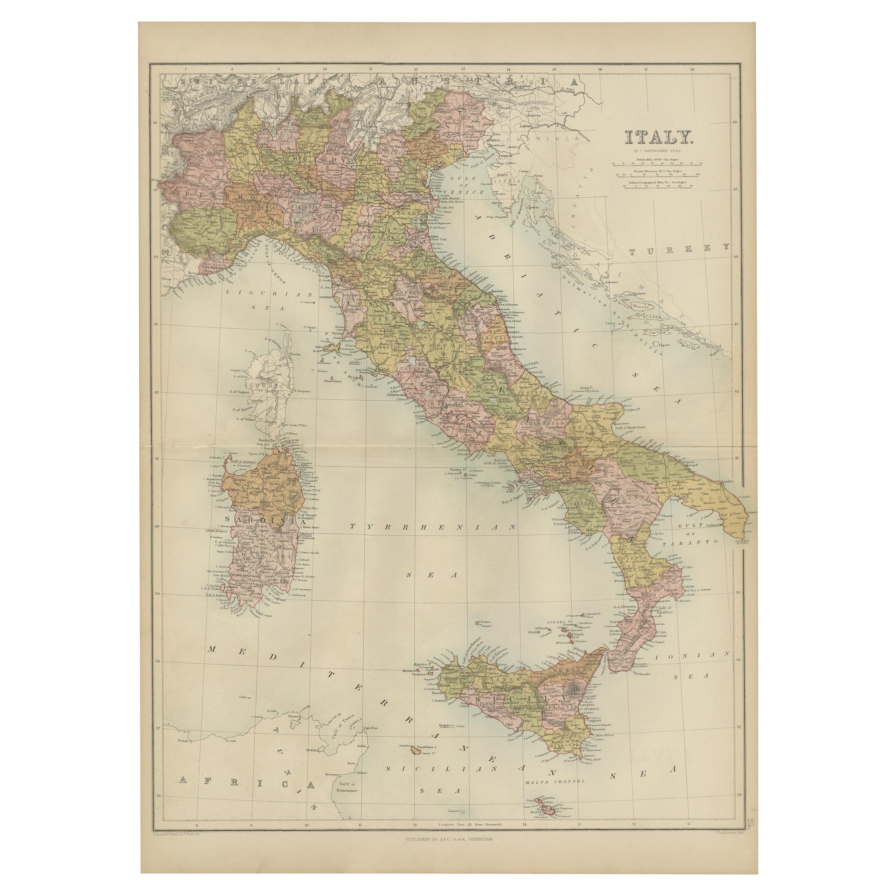 Antique Map of Italy by A & C, Black, 1870