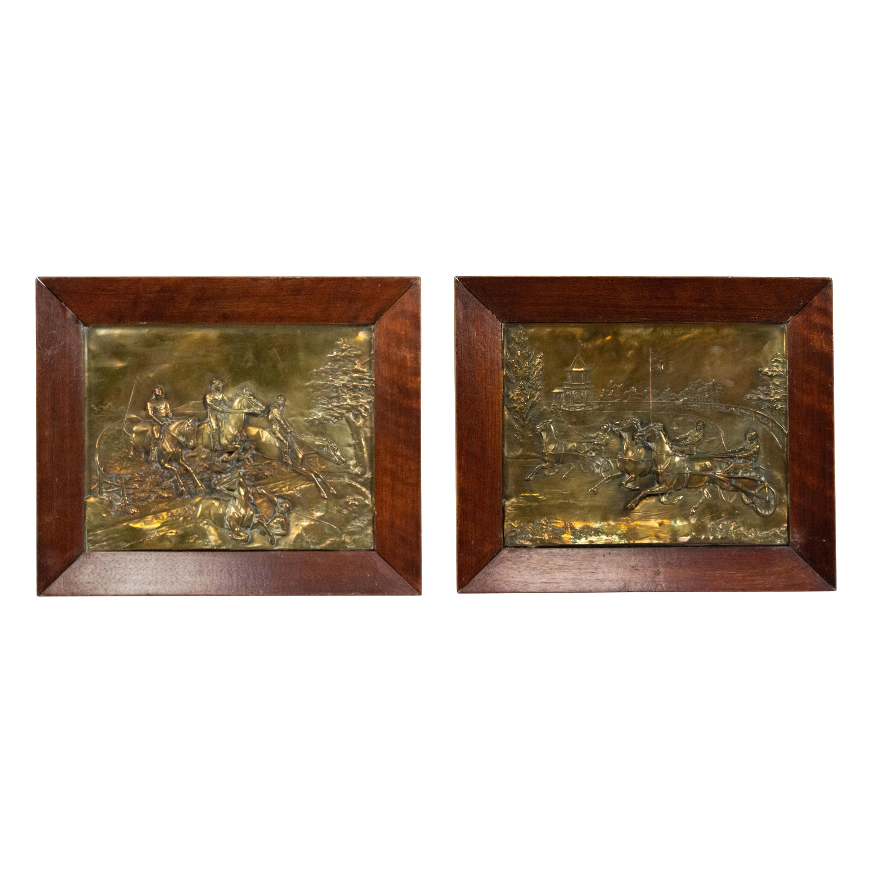Pair of English Victorian Brass Horse Wall Plaques For Sale