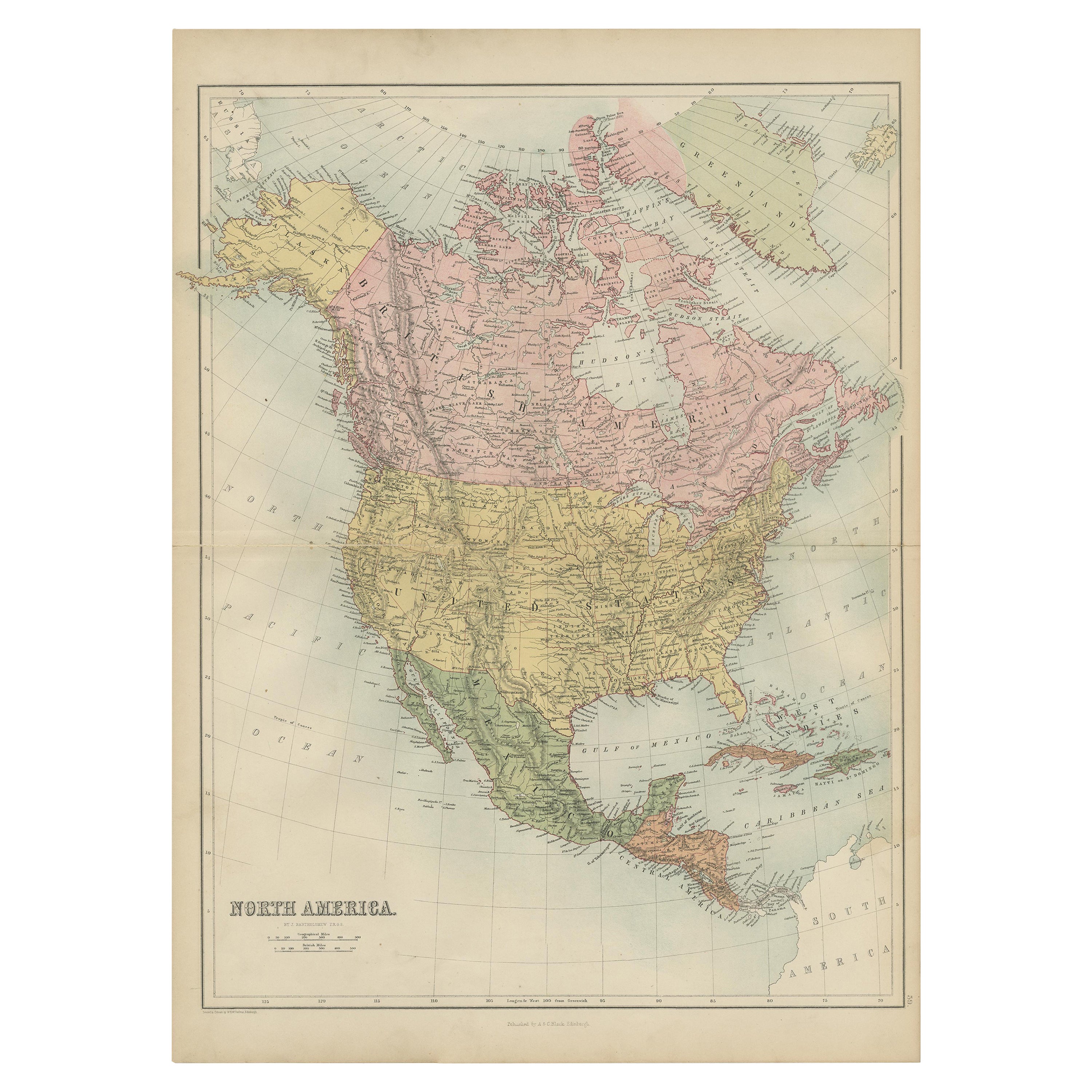 Antike Karte Nordamerikas von A & C. Black, 1870