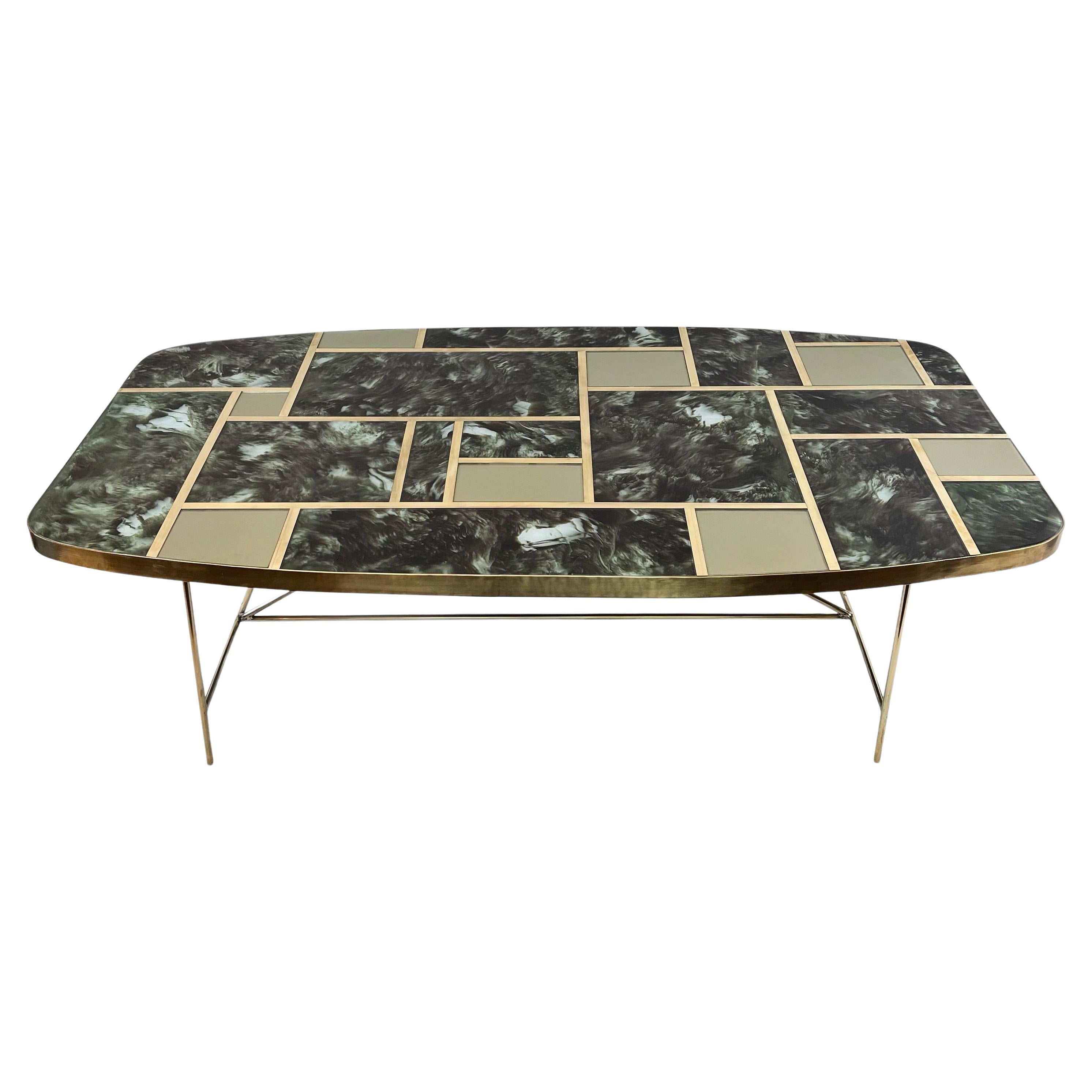 Mid-Century Modern Green Artistic Murano Glass w/ Brass Details Coffee Table For Sale