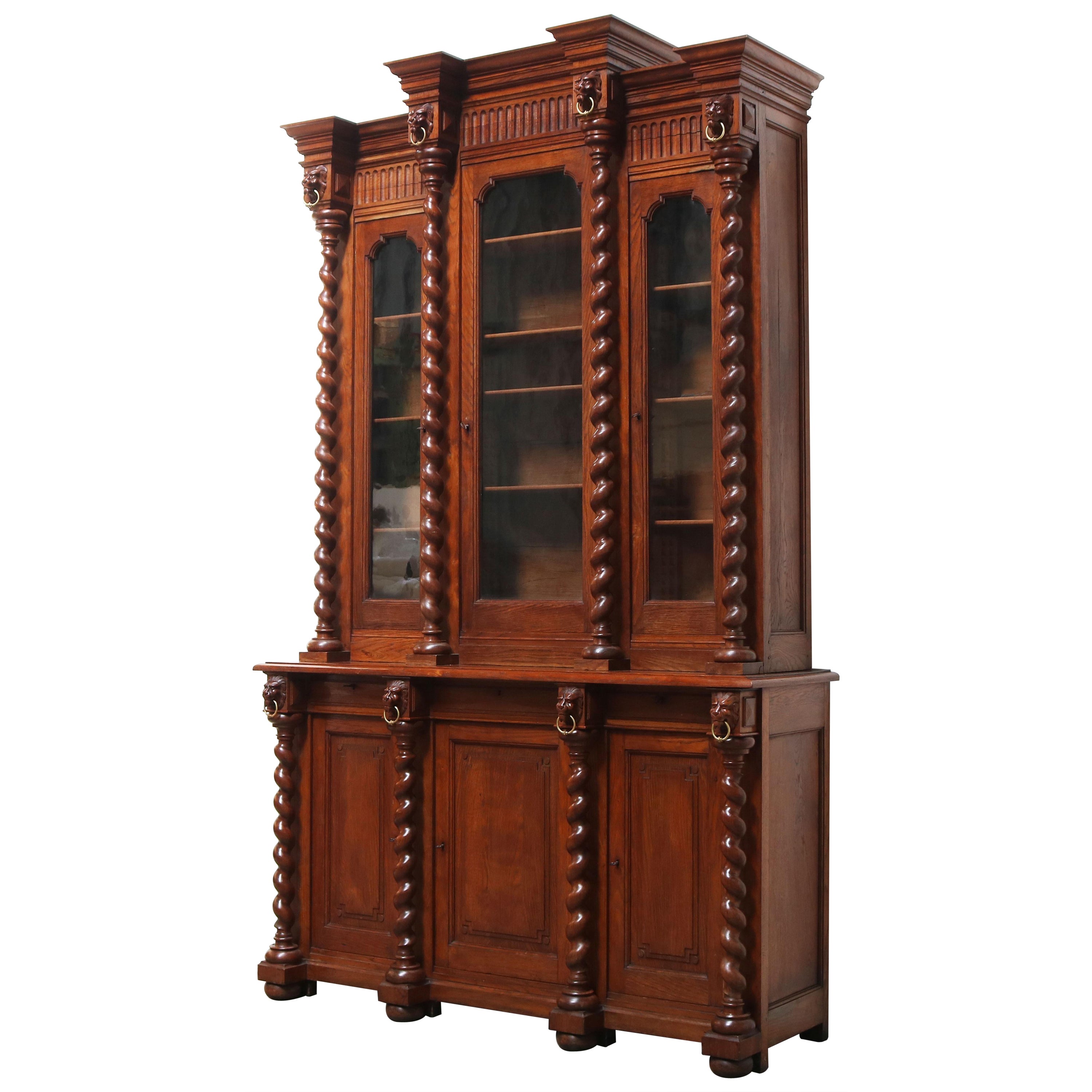 Large Antique French Renaissance Bookcase Cabinet 19th Century Barley Twist Oak For Sale
