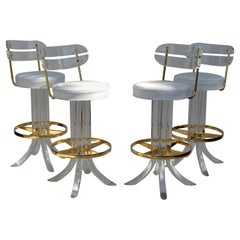 Set of 4 Hill Manufacturers Lucite & Gold Plated Swivel Bar Stools Mid-Century