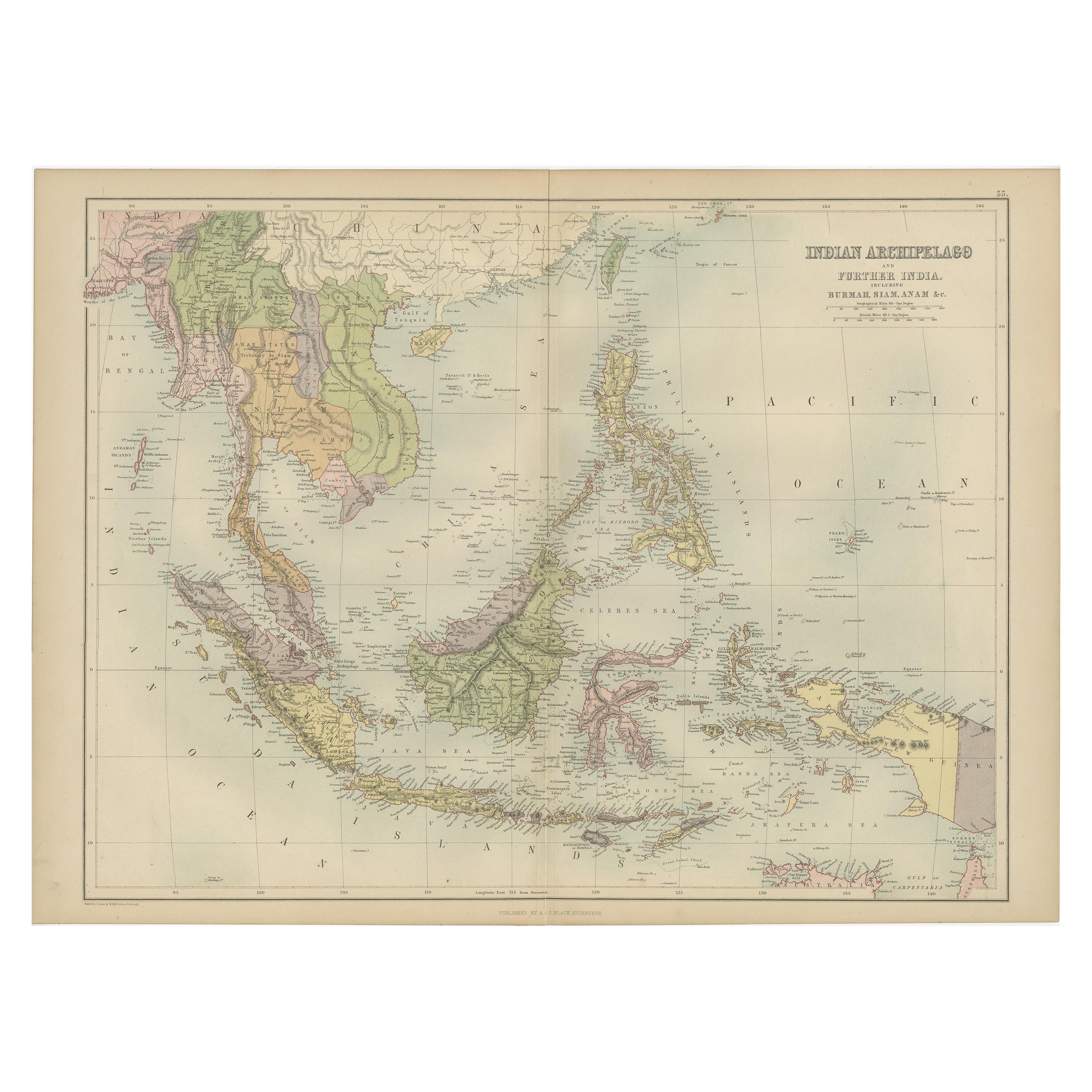 Antique Map of the East Indies by A & C. Black, 1870 For Sale