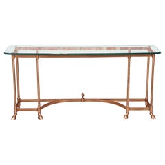 Labarge Hollywood Regency Brass and Glass Hooved Feet Console Table, Circa 1960s