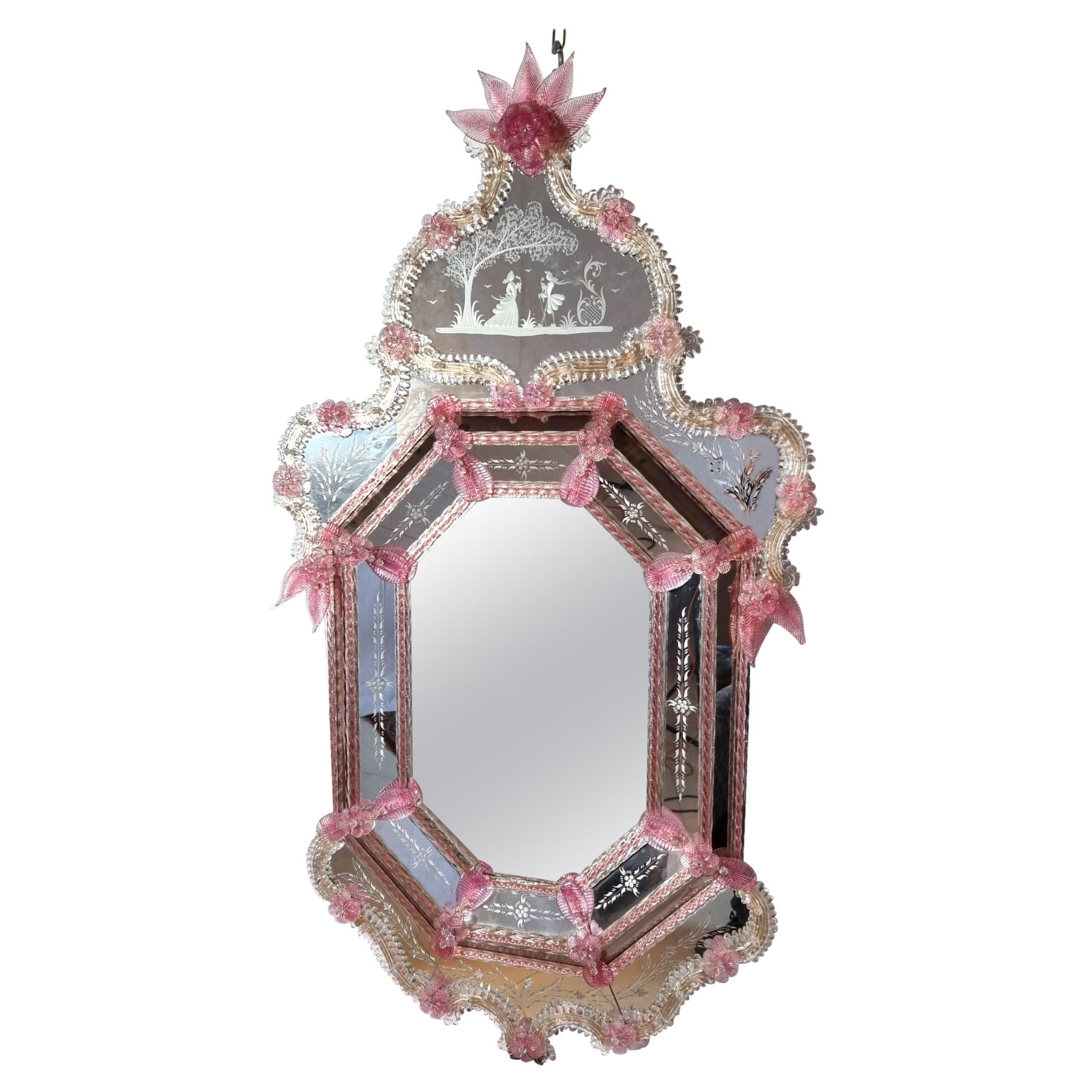Venetian Pink Flower Murano Glass Mirror For Sale
