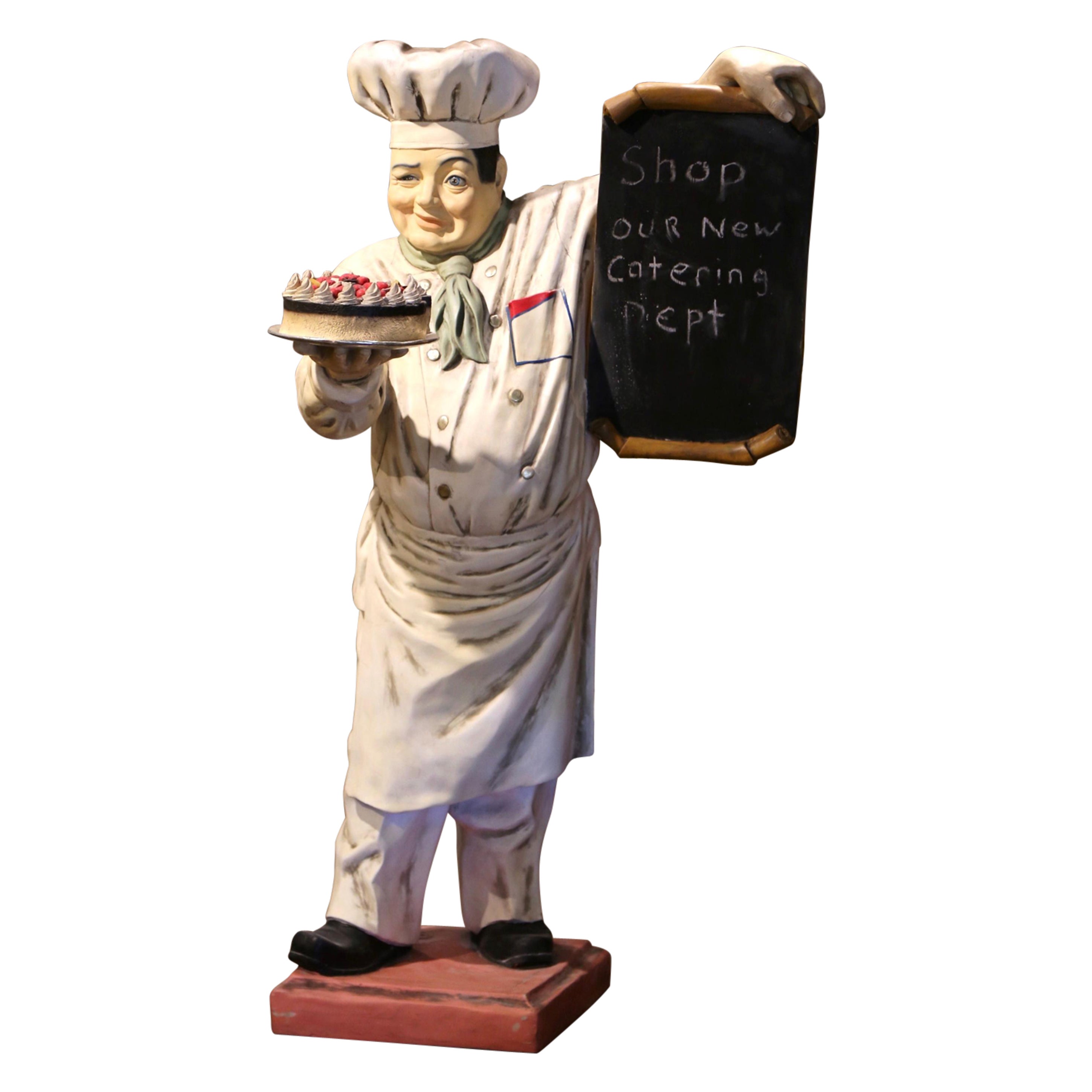 Mid-Century French Life Size Fiberglass Chef Baker Statue Holding Cake