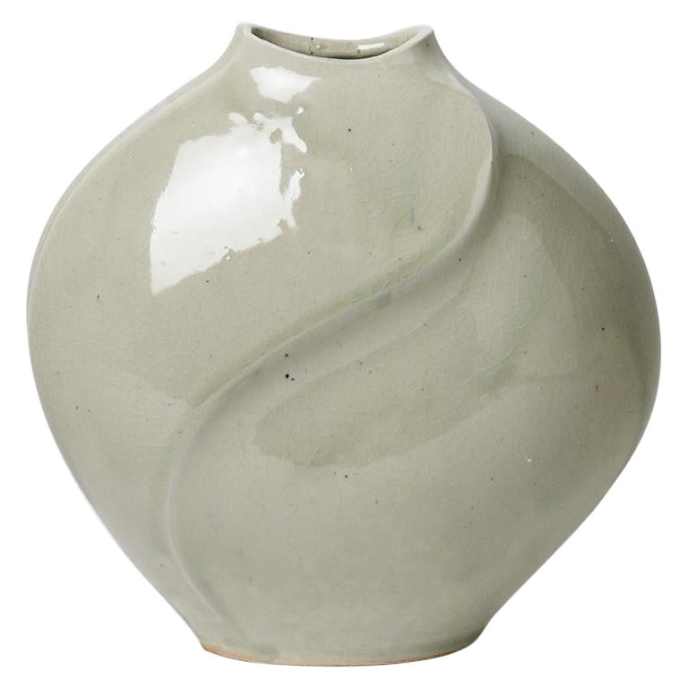 Celadon Xxth Century Abstract Porcelain Ceramic Vase by Askett French Design For Sale