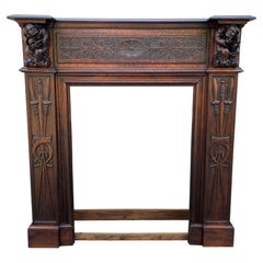 Antique French Fireplace Mantel Surround Gothic Revival Oak Large 19th Century