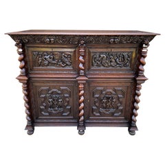 Vintage French Oak Liquor Cabinet Bar Sideboard Server Allegorical Barley Twist