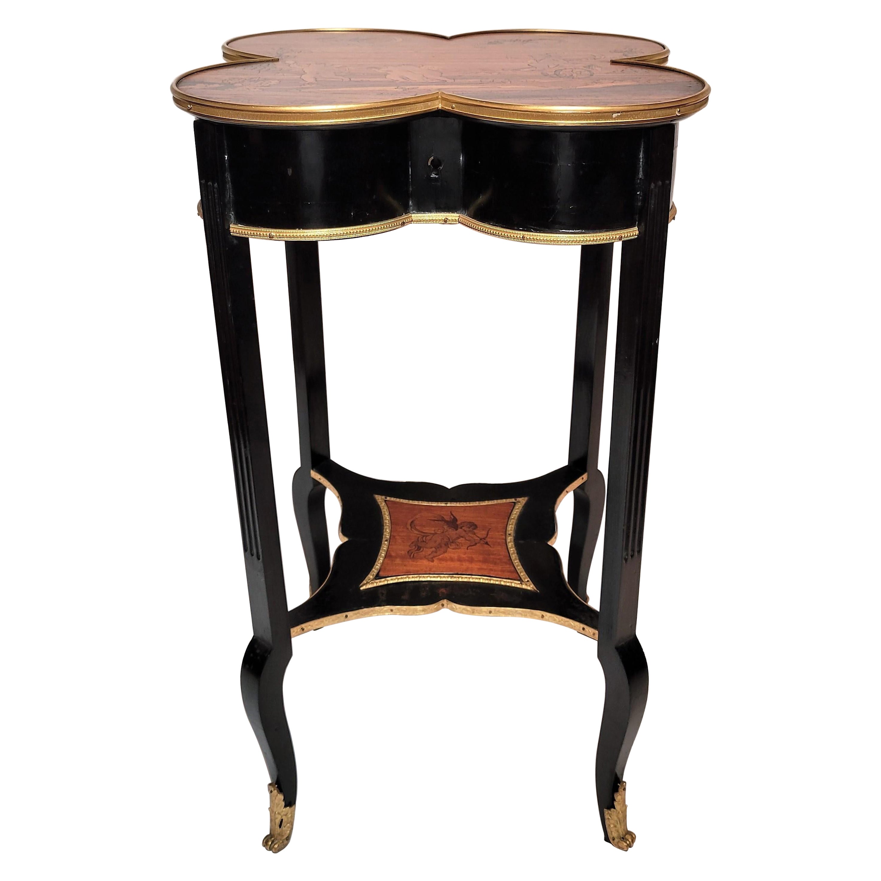 Antique French Clover Shaped Jewelry Table with Inlaid Woods For Sale