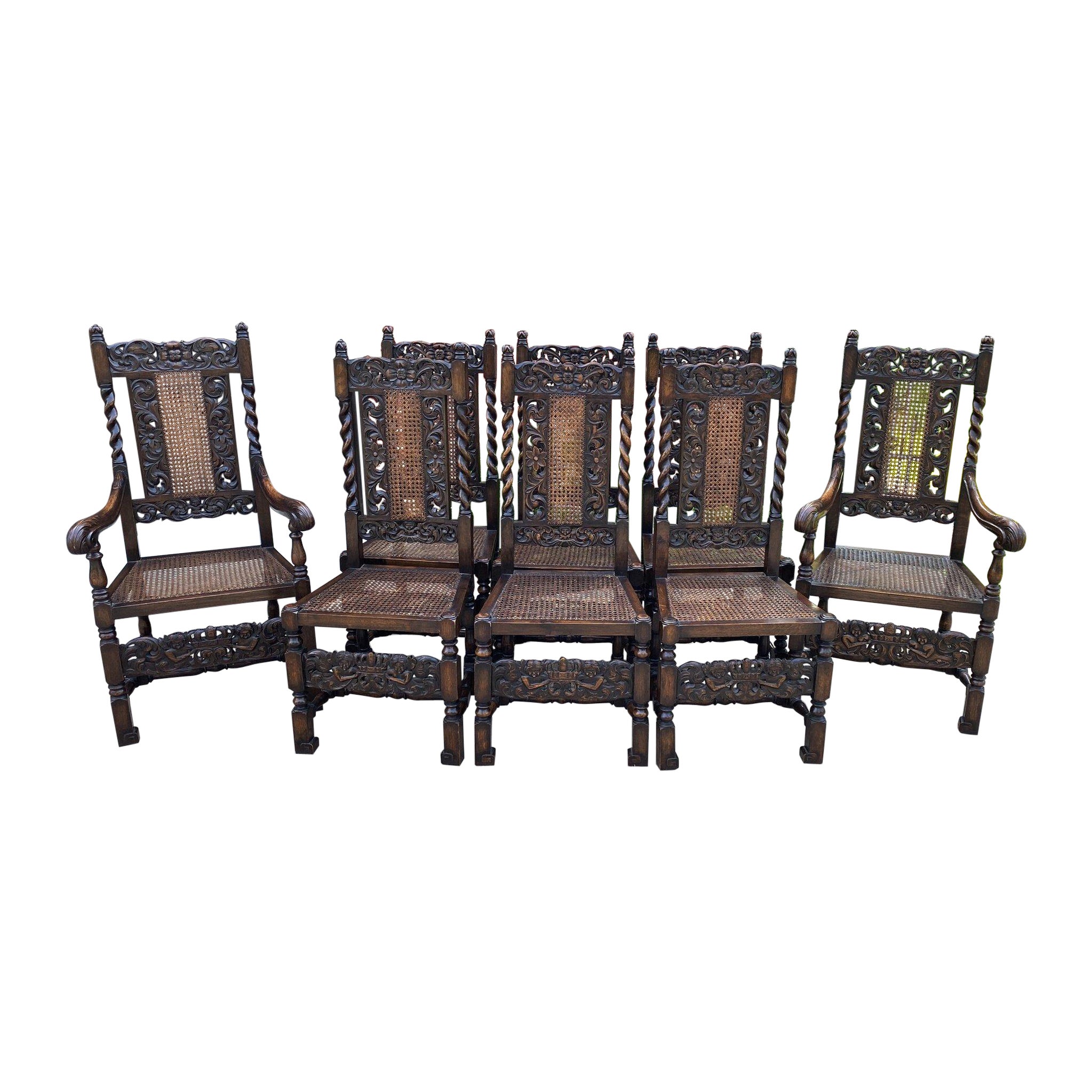 Antique English Chairs Set of 8 Barley Twist Caned Oak Dining Chairs Seating