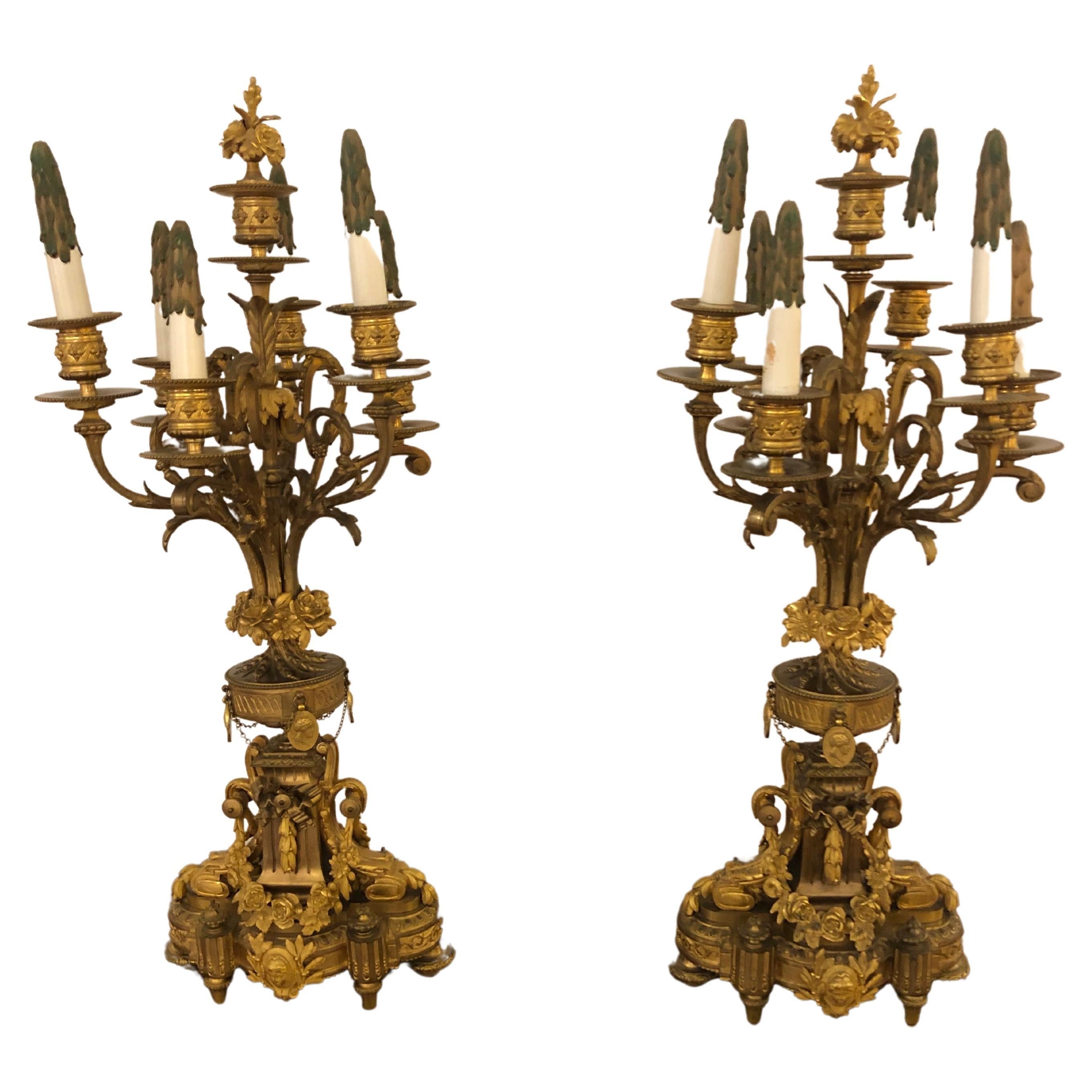 Magnificent Pair of Neoclassical Cast & Gilt Bronze Relief Ornate Candleabras