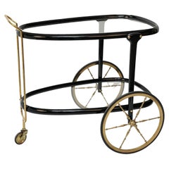 Cesare Lacca Midcentury Brass and Ebonized Wood Italian Oval Bar Cart, 1950s