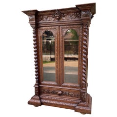 Antique French Bookcase Display Cabinet Renaissance Oak Barley Twist 19th C