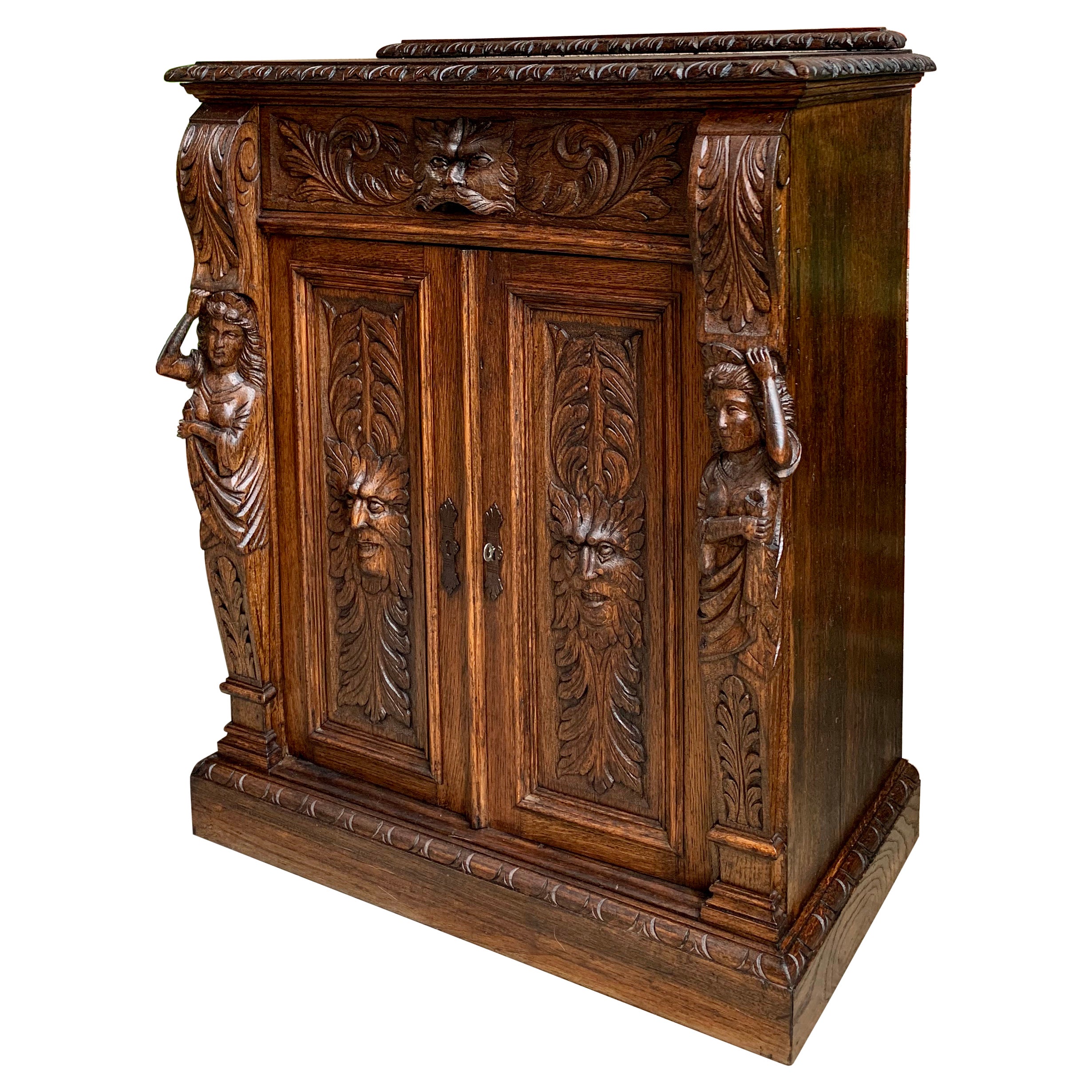 Petite Antique French Carved Oak Cabinet Server Table Renaissance Server Lion