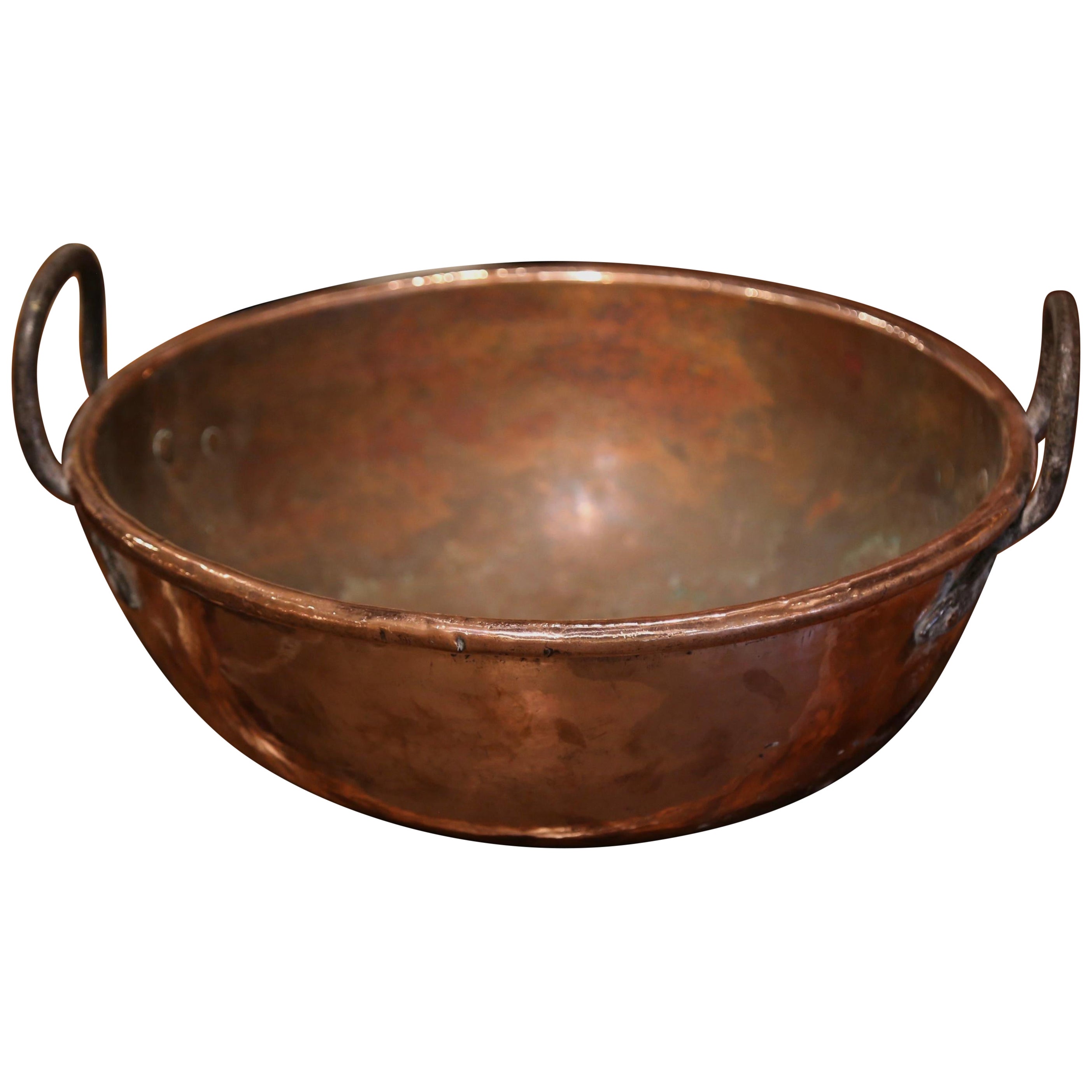 18th Century French Copper Jelly and Jam Boiling Bowl with Iron Handles