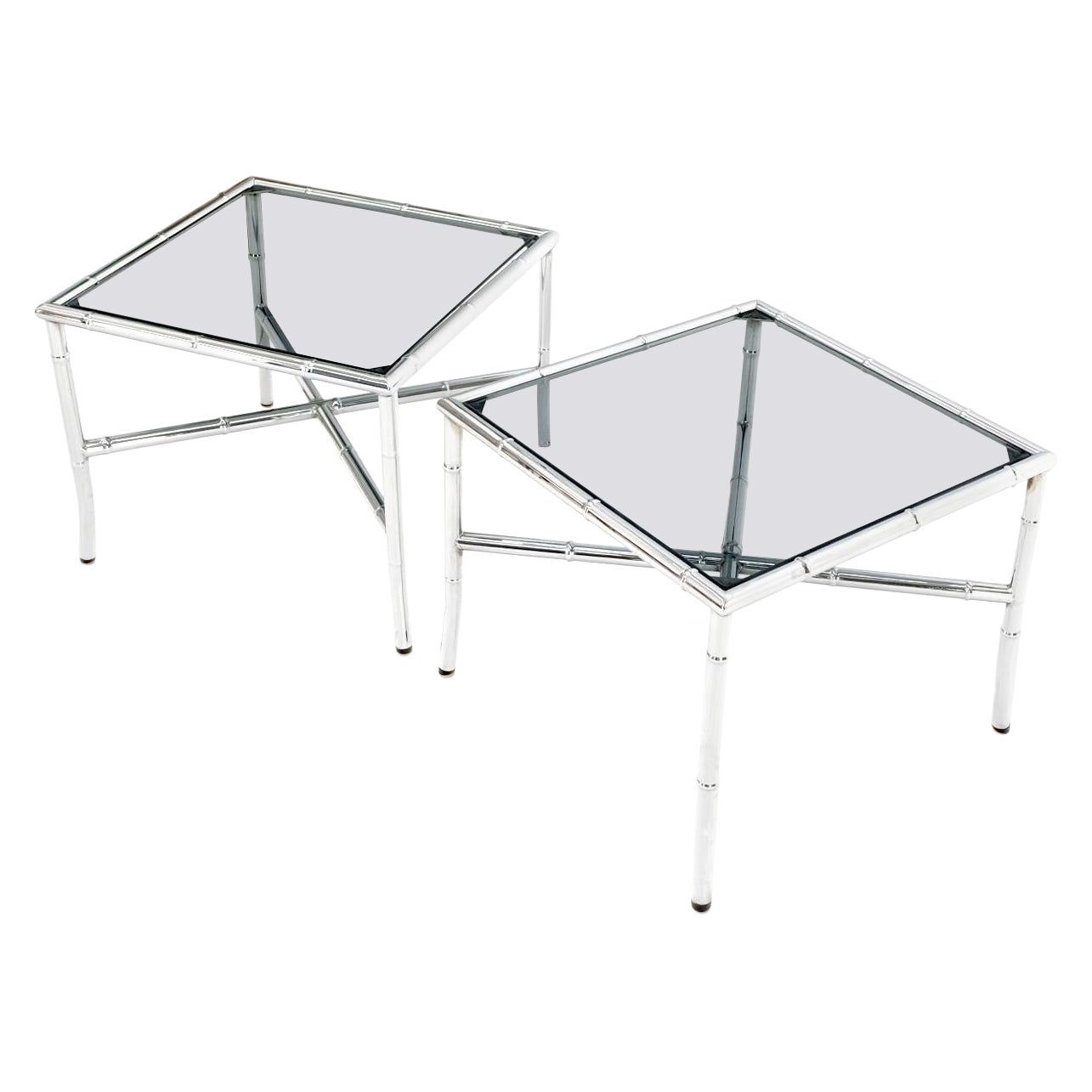 Pair of Chrome Metal Faux Bamboo x Base Smoked Glass End Side Tables