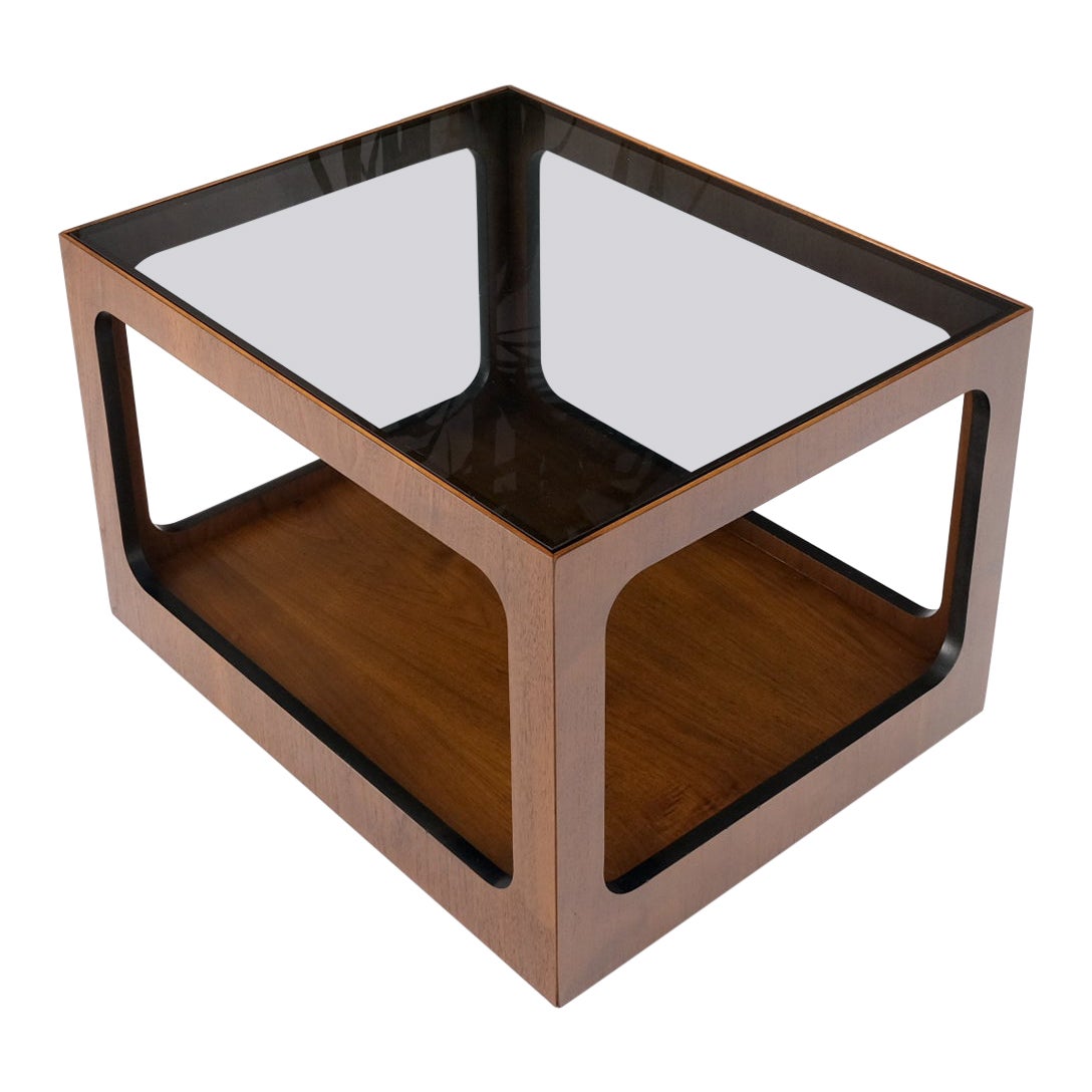 Cube Shape Rectangular Smoked Glass Oiled Walnut Side End Table For Sale