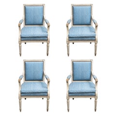 Set of 4 Louis XVI Period French Blue Arm Chairs