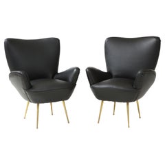Antonino Gorgone Modernist Brass and Leather Lounge Chairs