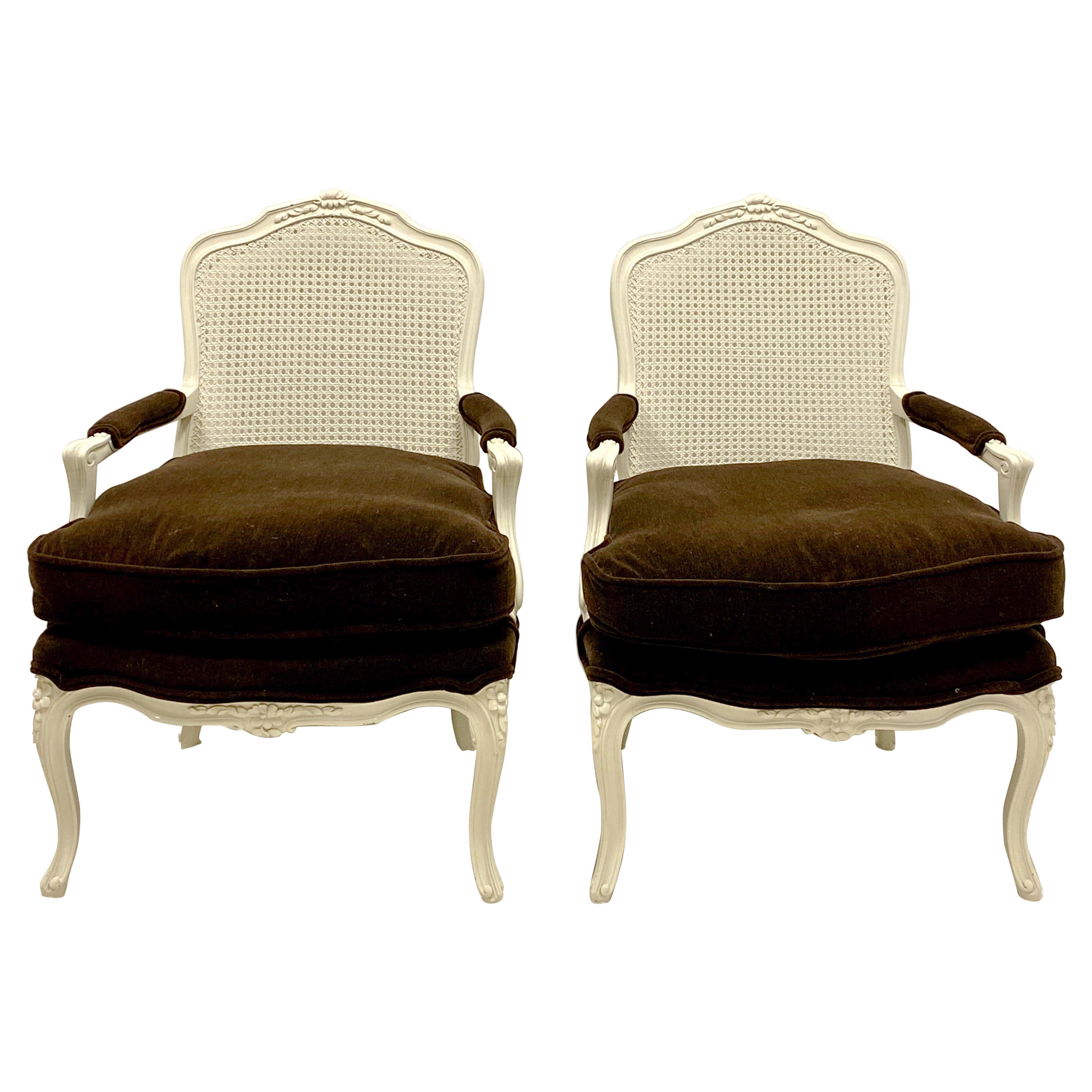 Mid-Century French Style Painted Bergere Chairs in Brown Mohair