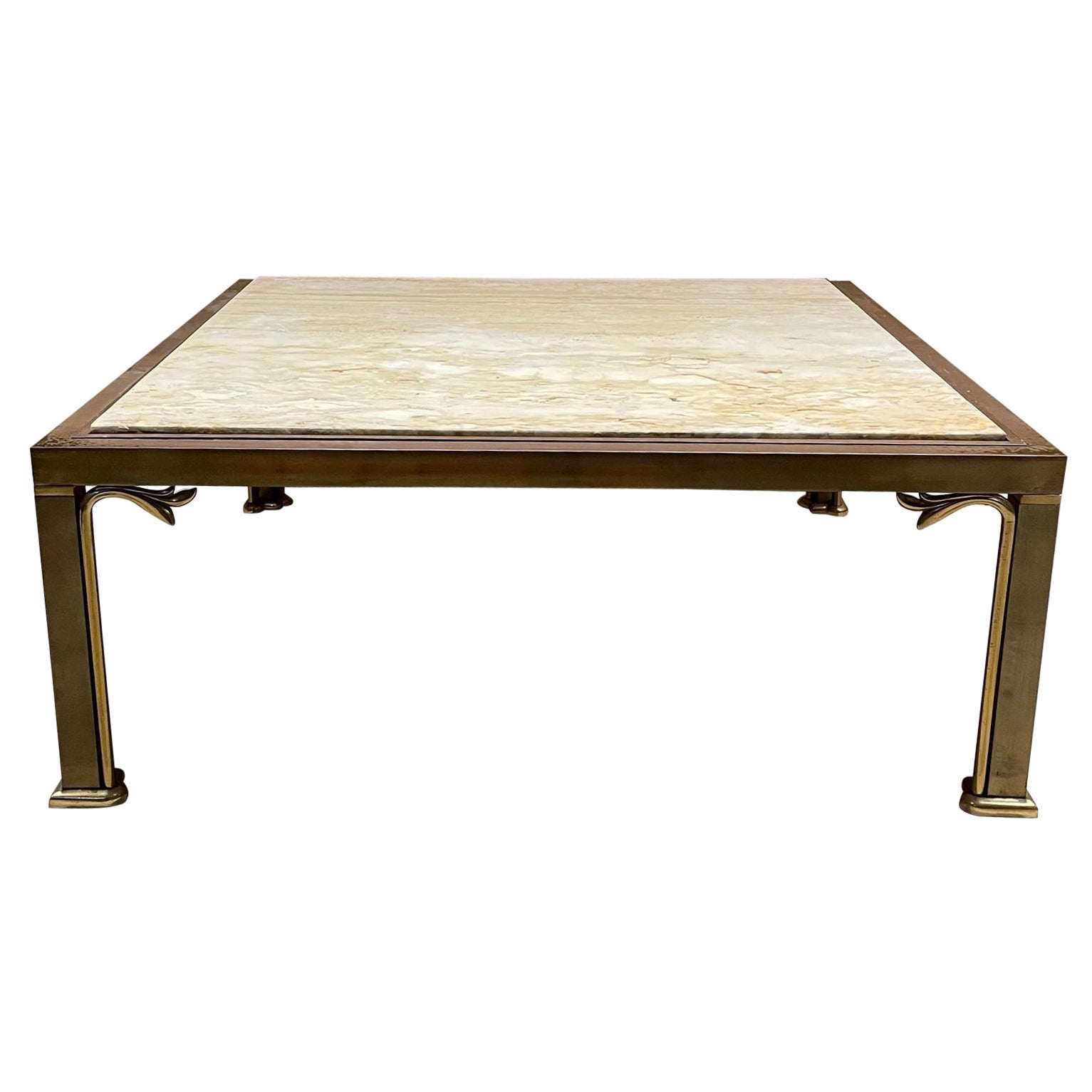 1970s Italian Travertine & Brass Square Coffee Cocktail Table Italy For Sale