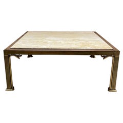 1970 Italian Travertine & Brass Square Coffee Cocktail Table Italy