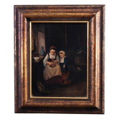Antique Colonial Painting, Interior Mother & Daughter Genre Scene, 18th-19th C