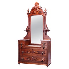 Antique Renaissance Revival Walnut, Burl & Rouge Marble Drop-Center Dresser 1890