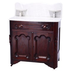 Antique Renaissance Revival Walnut, Burl & Marble Commode, Wash Stand, c1890