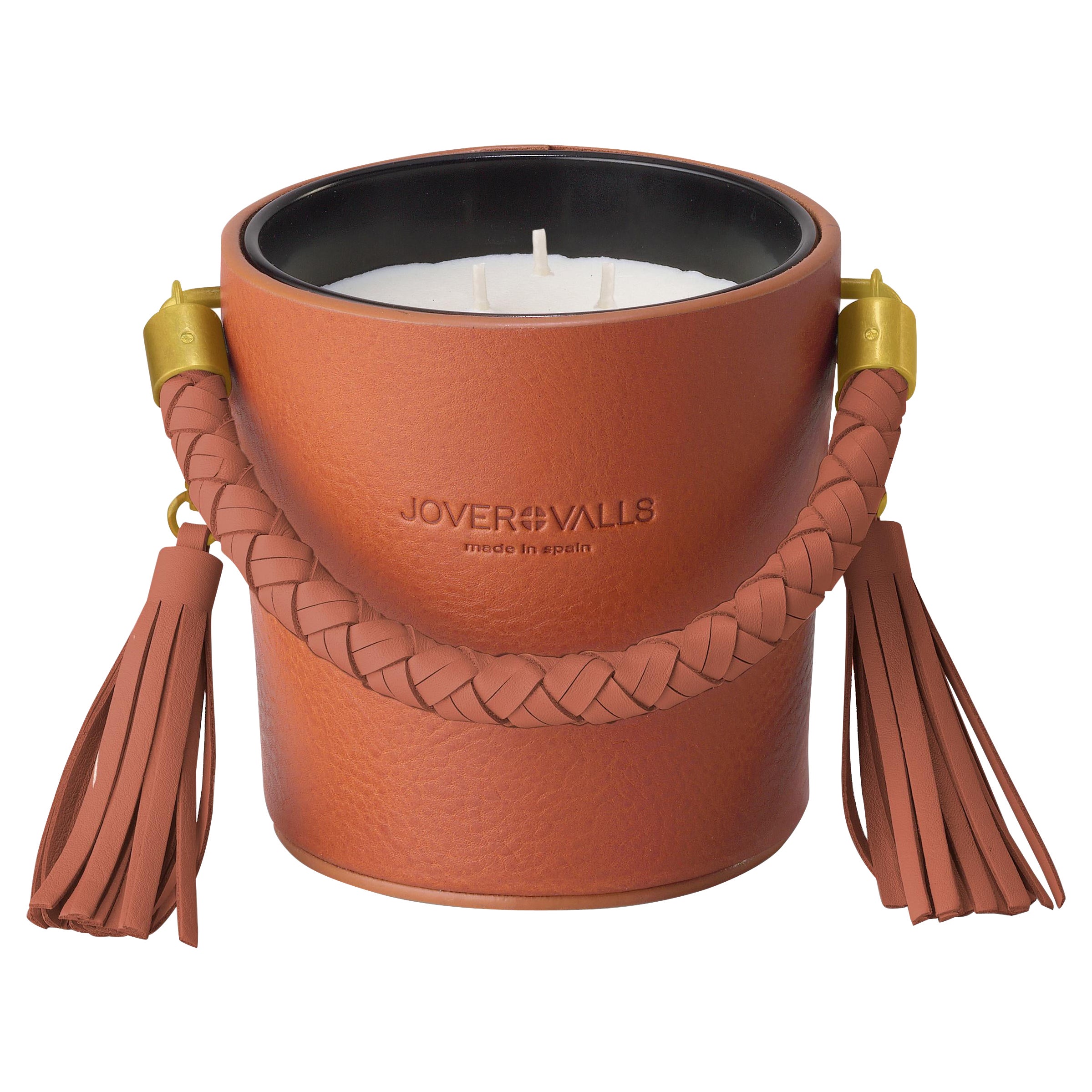 Bucket Natural Tan Leather Candleholder, Oud Wood and Roses Scented