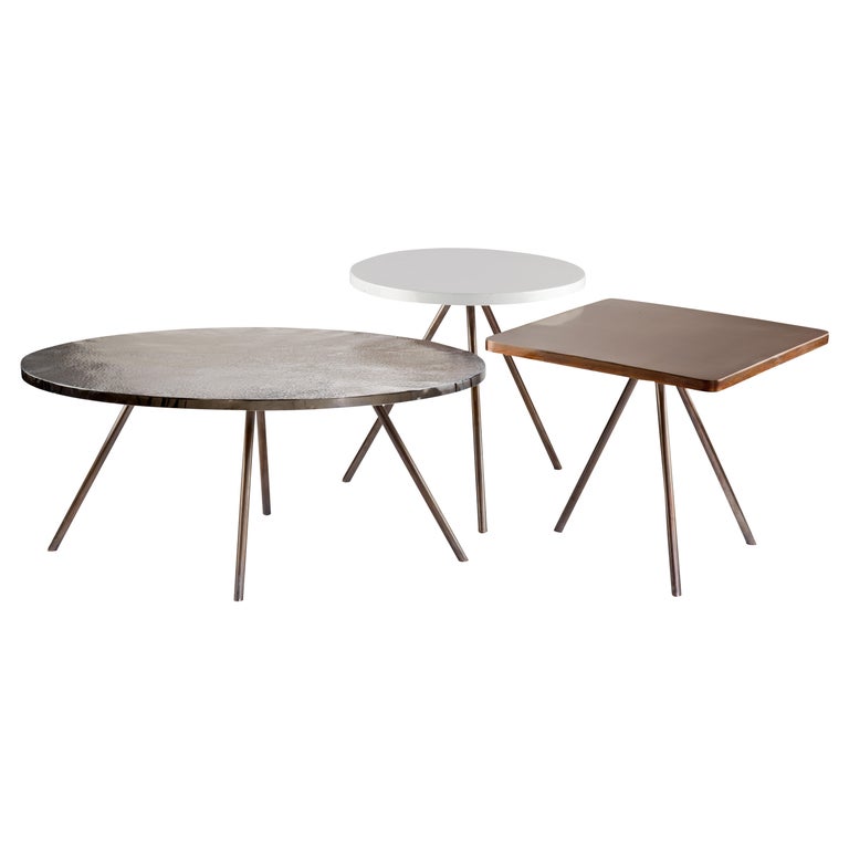 Coffee Table Set of 3 with Hammered Brass, Nickel and Electrostatic Tops For Sale at 1stDibs