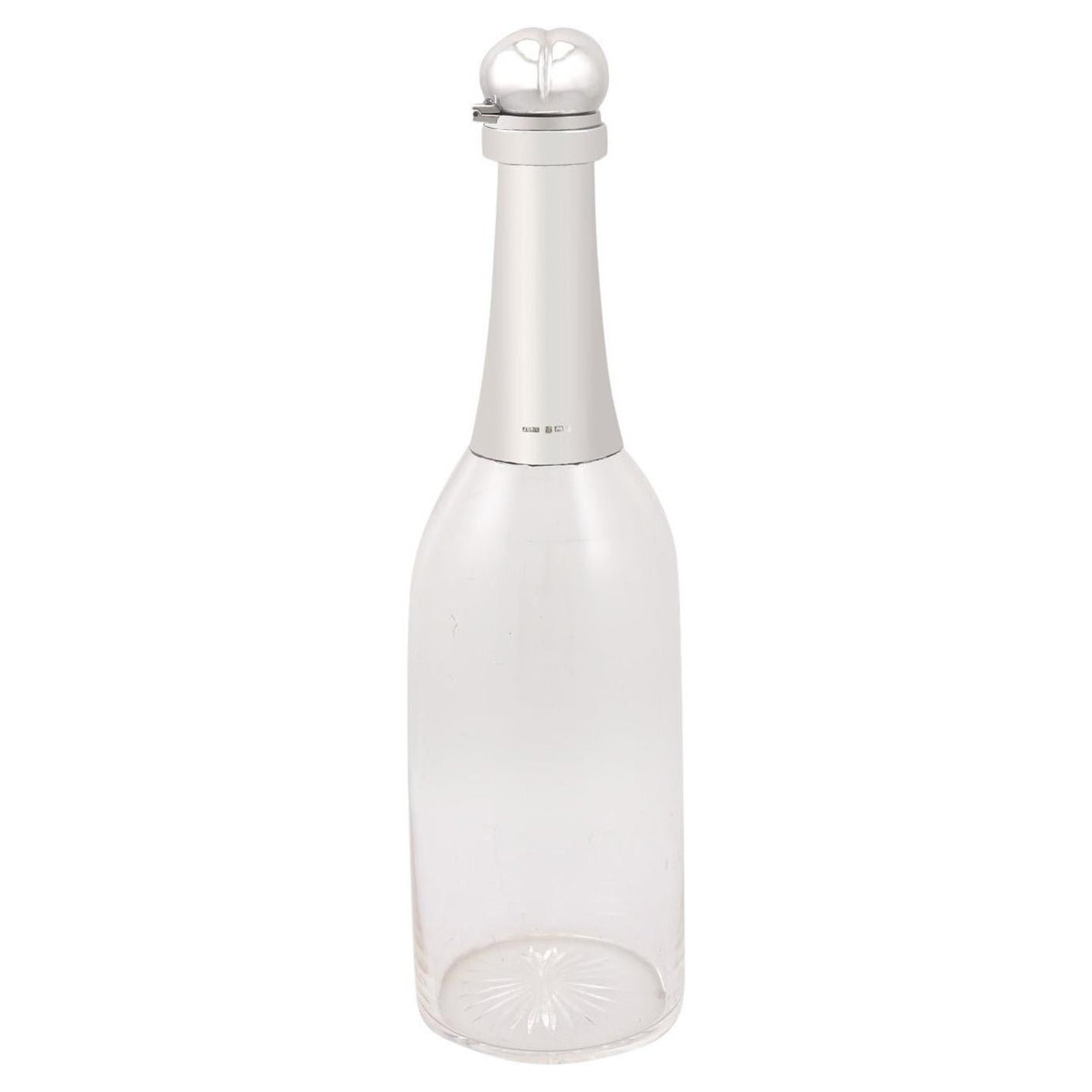 Champagnerflaschen-Dekanter aus edwardianischem Glas und Sterlingsilber