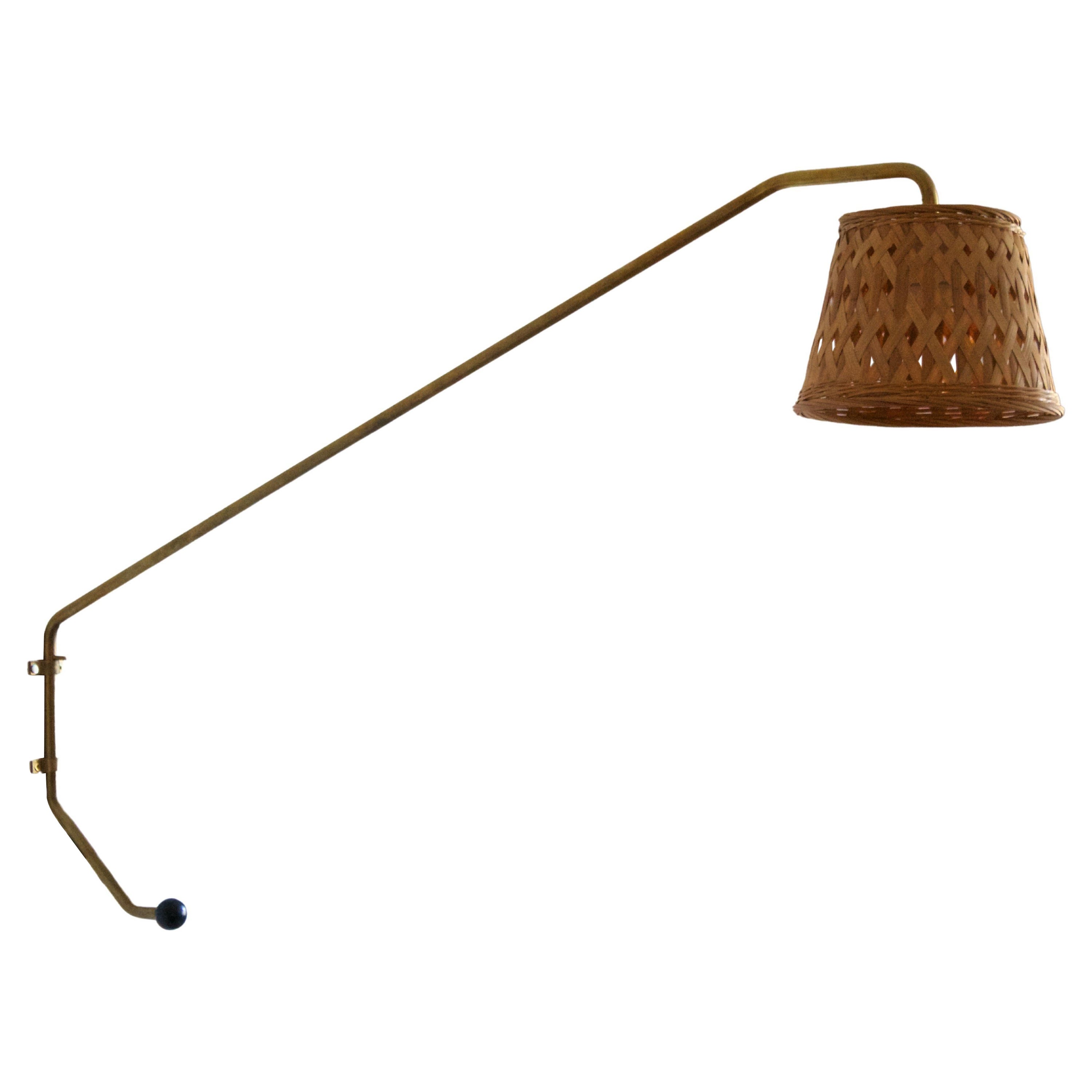 Orsjö, Unique Sizaeble Wall Light, Brass, Lacquered Metal Rattan, Sweden, 1980s