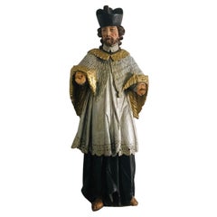 19th Century Religious Polychrome Wood Sculpture of a Saint